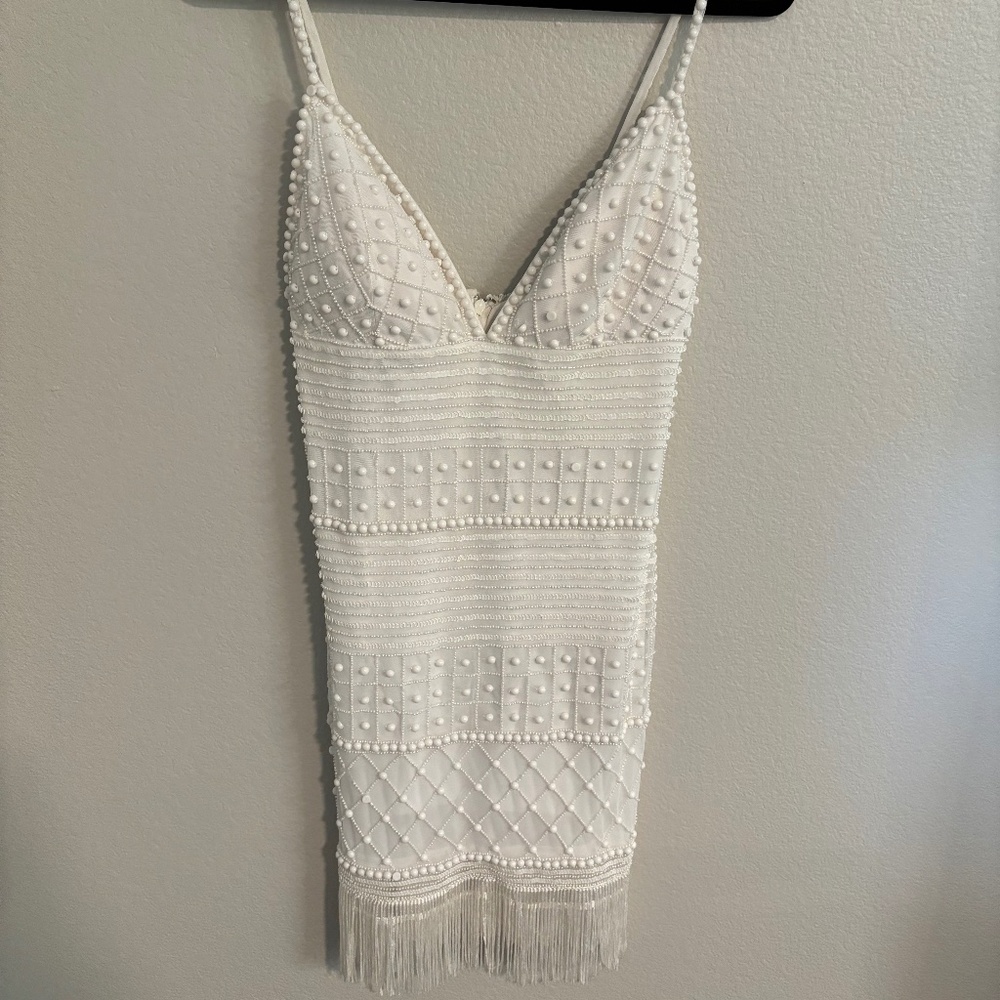 David's Bridal white beaded mini dress